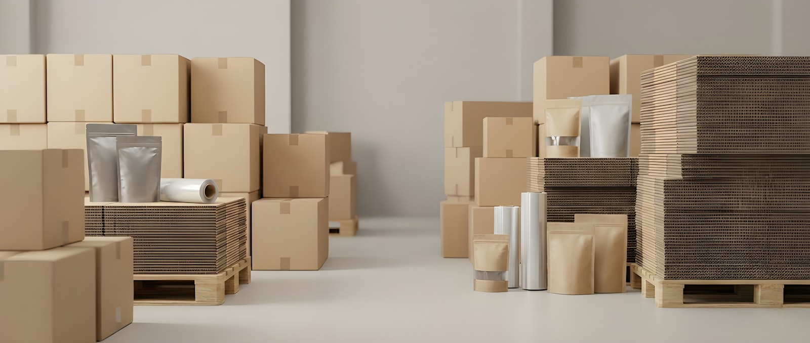 Warehouse packaging supplies including boxes, mailers, and paper packaging